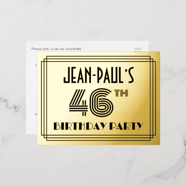 46th Birthday Party ~ Art Deco Style “46” + Name Foil Invitation Postcard (Front/Back)