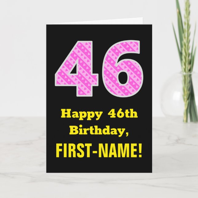 46th Birthday: Pink Stripes and Hearts "46" + Name Card (Front)
