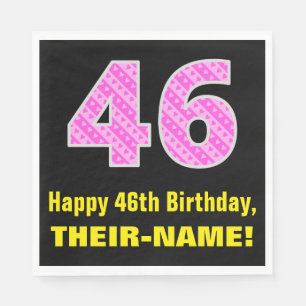 46th Birthday: Pink Stripes and Hearts "46" + Name Napkin