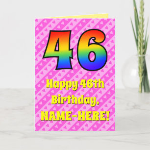 46th Birthday: Pink Stripes & Hearts, Rainbow # 46 Card