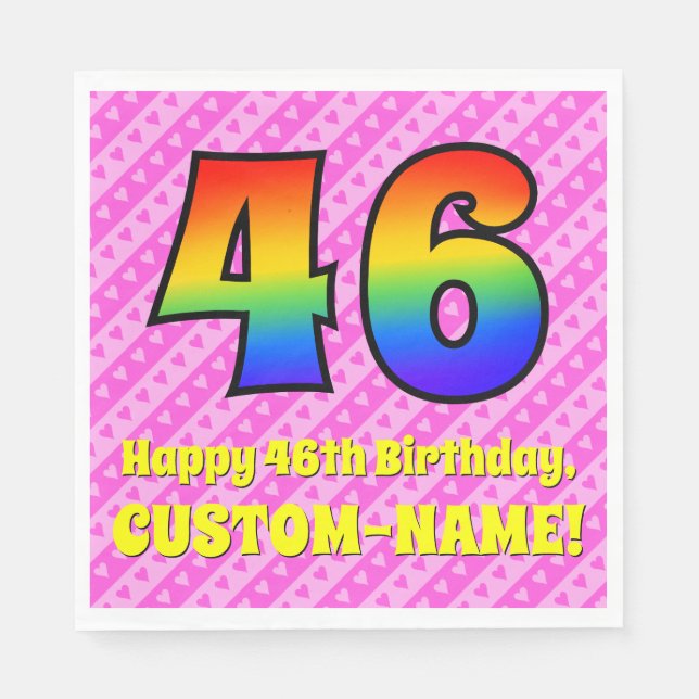 46th Birthday: Pink Stripes & Hearts, Rainbow # 46 Napkin (Front)