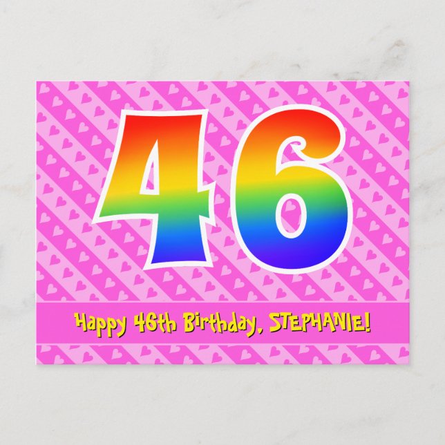 46th Birthday: Pink Stripes & Hearts, Rainbow 46 Postcard (Front)