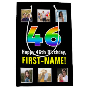 46th Birthday: Rainbow “46“, Custom Photos & Name Medium Gift Bag