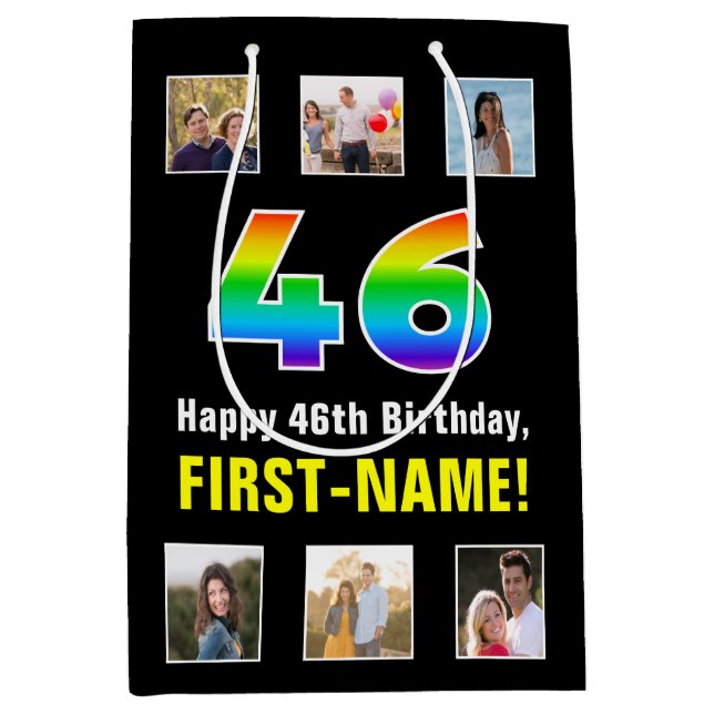 46th Birthday: Rainbow “46“, Custom Photos & Name Medium Gift Bag (Front)