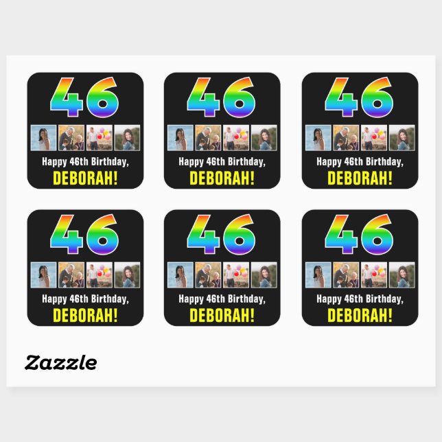 46th Birthday: Rainbow “46”; Custom Photos & Name Square Sticker (Sheet)