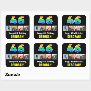 46th Birthday: Rainbow “46”; Custom Photos & Name Square Sticker