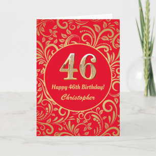46th Birthday Red and Gold Floral Pattern Card