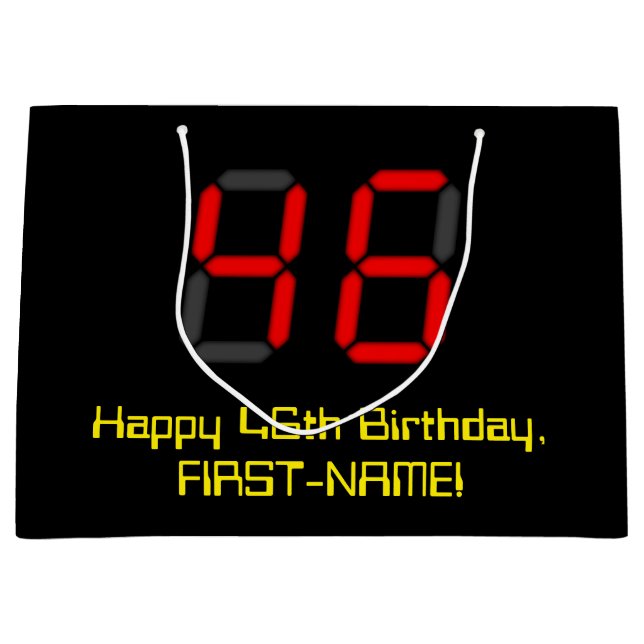 46th Birthday: Red Digital Clock Style "46" + Name Large Gift Bag (Front)