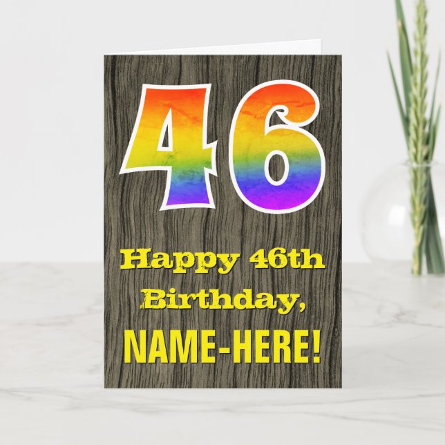 46th Birthday: Rustic Faux Wood Look, Rainbow "46" Card (Front)