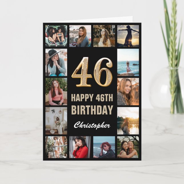 46th Happy Birthday Black and Gold Photo Collage Card (Front)