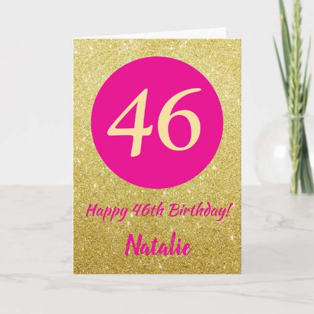 46th Happy Birthday Hot Pink and Gold Glitter Card (Front)