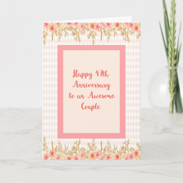 47th Anniversary Card, Peach with Floral Borders Card (Front)