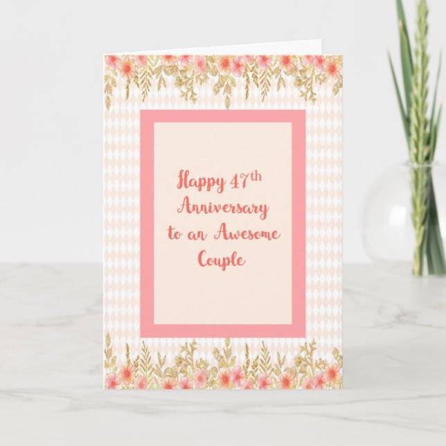 47th Anniversary Card, Peach with Floral Borders Card (Front)