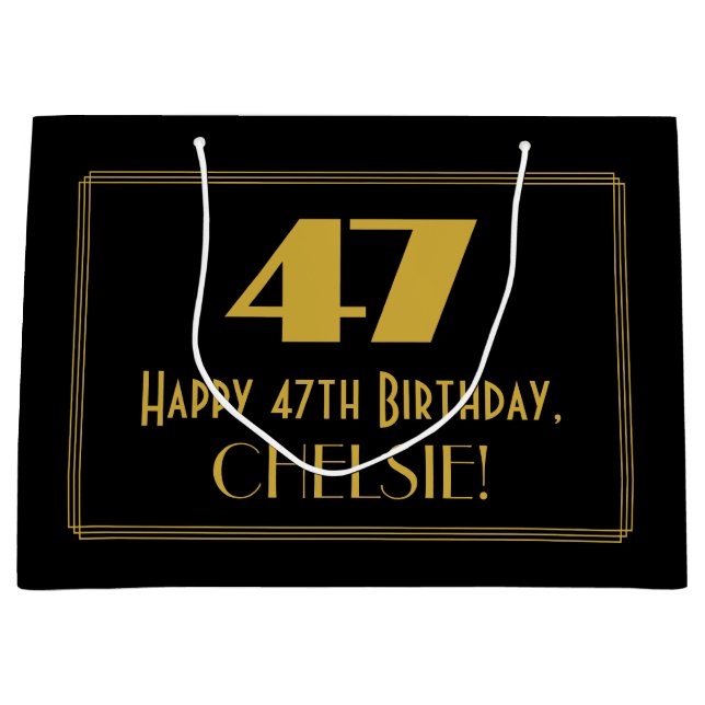 47th Birthday — Art Deco Inspired Look "47" & Name Large Gift Bag (Front)