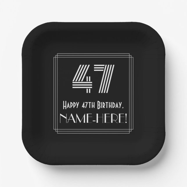 47th Birthday — Art Deco Inspired Look “47” + Name Paper Plate (Front)