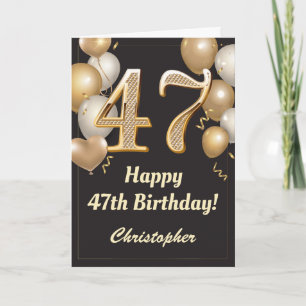 47th Birthday Black and Gold Balloons Confetti Card