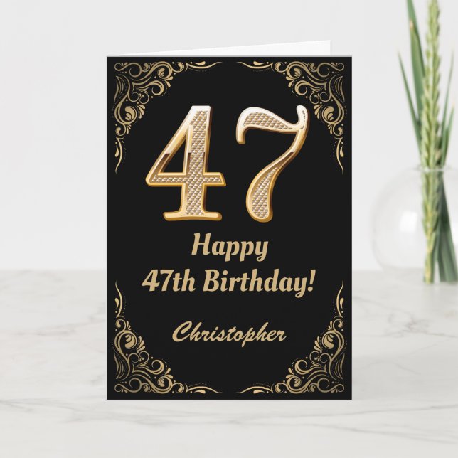 47th Birthday Black and Gold Glitter Frame Card (Front)