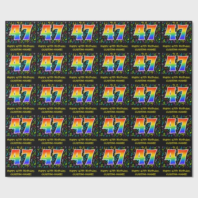 47th Birthday: Colourful Music Symbols, Rainbow 47 Wrapping Paper (Flat)