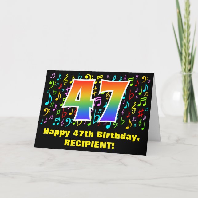 47th Birthday: Colourful Music Symbols & Rainbow 4 Card (Front)