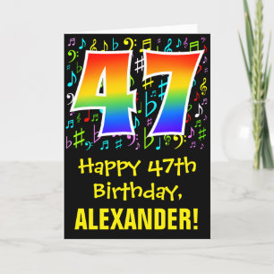 47th Birthday: Colourful Music Symbols + Rainbow 4 Card