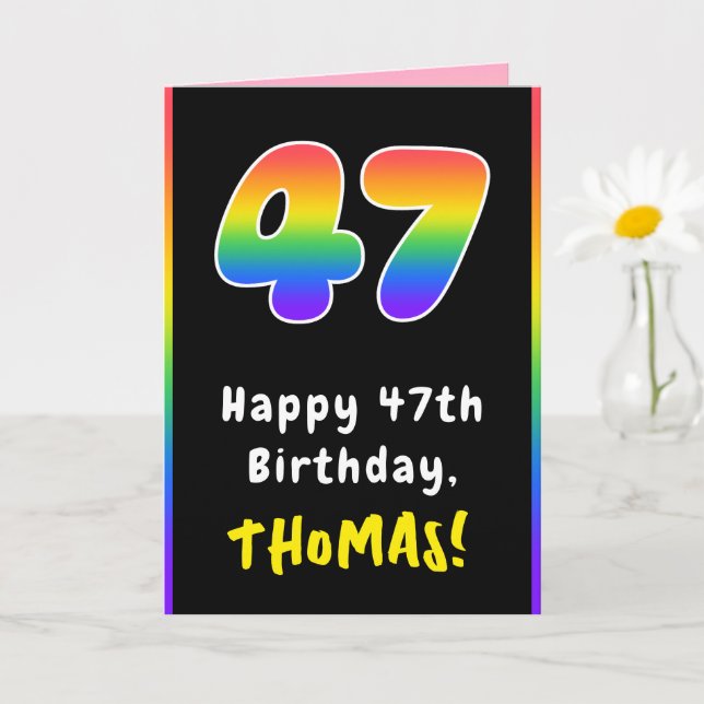 47th Birthday: Colourful Rainbow # 47, Custom Name Card (Small Plant)