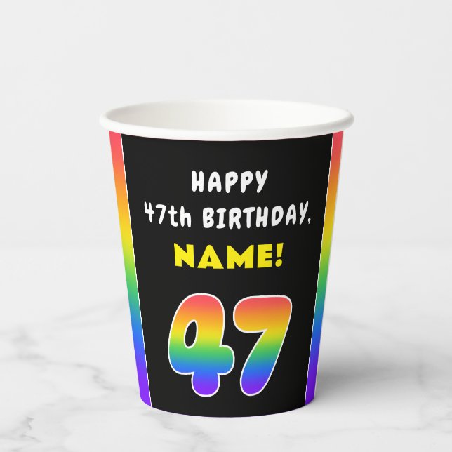 47th Birthday: Colourful Rainbow # 47, Custom Name Paper Cups (Back)