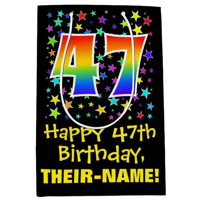 47th Birthday: Colourful Stars Pattern & Rainbow 4 Medium Gift Bag (Front)