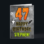 47th Birthday: Eerie Halloween Theme   Custom Name Card<br><div class="desc">The front of this spooky and scary Hallowe’en themed birthday greeting card design features a large number “47”, along with the message “HAPPY BIRTHDAY, ”, and a customisable name. There are also depictions of a bat and a ghost on the front. The inside features a custom birthday greeting message, or...</div>