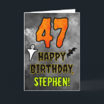 47th Birthday: Eerie Halloween Theme   Custom Name Card<br><div class="desc">The front of this spooky and scary Hallowe’en themed birthday greeting card design features a large number “47”, along with the message “HAPPY BIRTHDAY, ”, and a customisable name. There are also depictions of a bat and a ghost on the front. The inside features a custom birthday greeting message, or...</div>