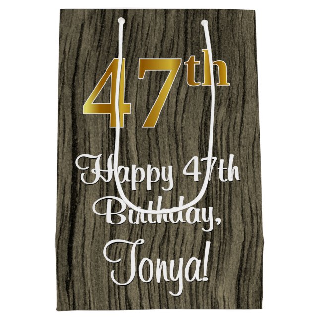 47th Birthday: Elegant Faux Gold Look #, Faux Wood Medium Gift Bag (Back)