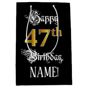 47th Birthday ~ Fancy Script; Faux Gold Look; Name Medium Gift Bag