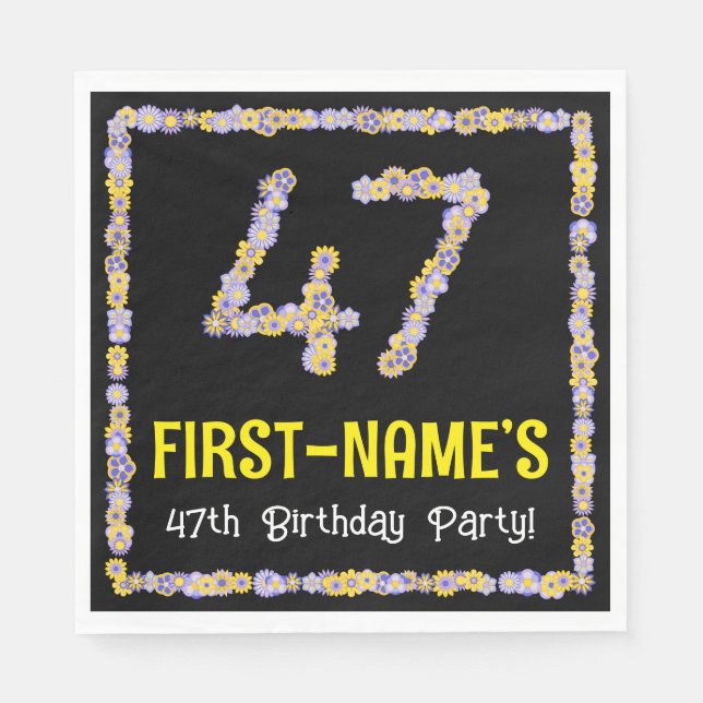 47th Birthday: Floral Flowers Number, Custom Name Napkin (Front)