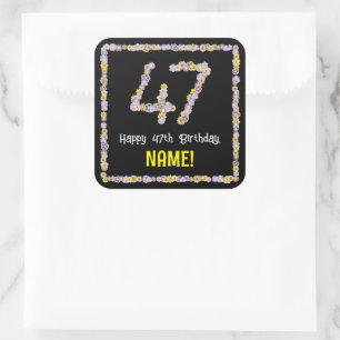 47th Birthday: Floral Flowers Number, Custom Name Square Sticker