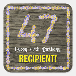 47th Birthday: Floral Number, Faux Wood Look, Name Square Sticker