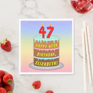 47th Birthday: Fun Cake and Candles + Custom Name Napkin