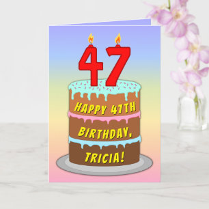 47th Birthday — Fun Cake & Candles, w/ Custom Name Card