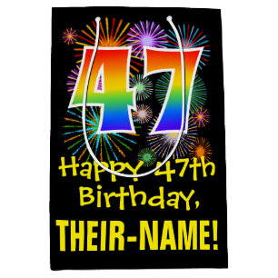 47th Birthday: Fun Fireworks Pattern + Rainbow 47 Medium Gift Bag