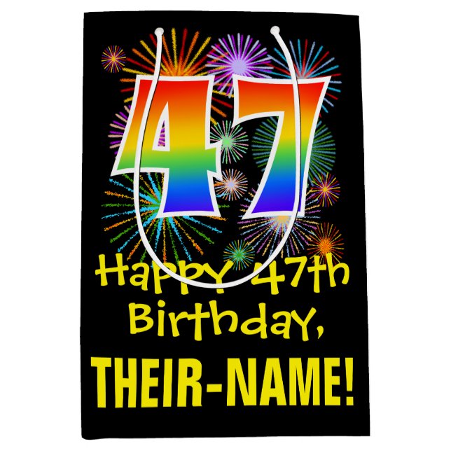 47th Birthday: Fun Fireworks Pattern + Rainbow 47 Medium Gift Bag (Front)