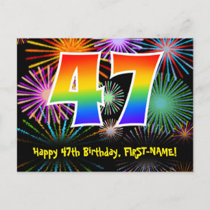 47th Birthday – Fun Fireworks Pattern + Rainbow 47 Postcard