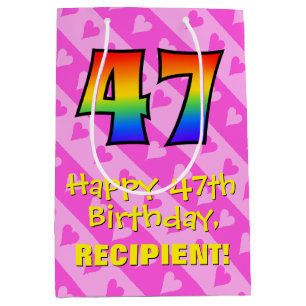 47th Birthday: Fun Pink Hearts Stripes; Rainbow 47 Medium Gift Bag