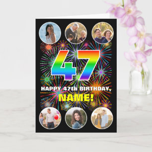 47th Birthday: Fun Rainbow #, Custom Name & Photos Card