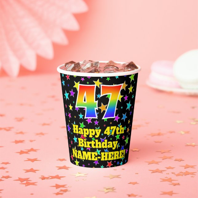 47th Birthday: Fun Stars Pattern and Rainbow 47 Paper Cups (Insitu)
