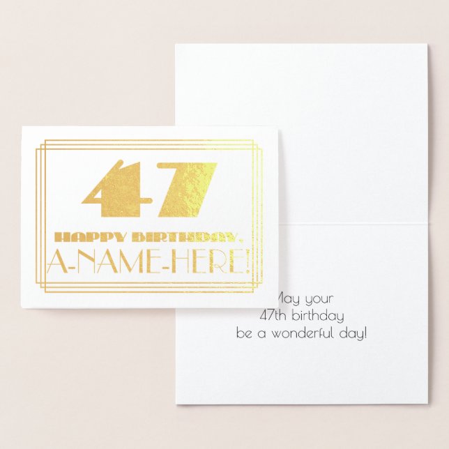 47th Birthday; Name + Art Deco Inspired Look "47" Foil Card (Display)