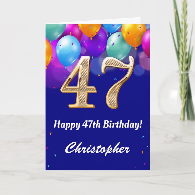 47th Birthday Navy Blue and Gold Colourful Balloon Card (Front)