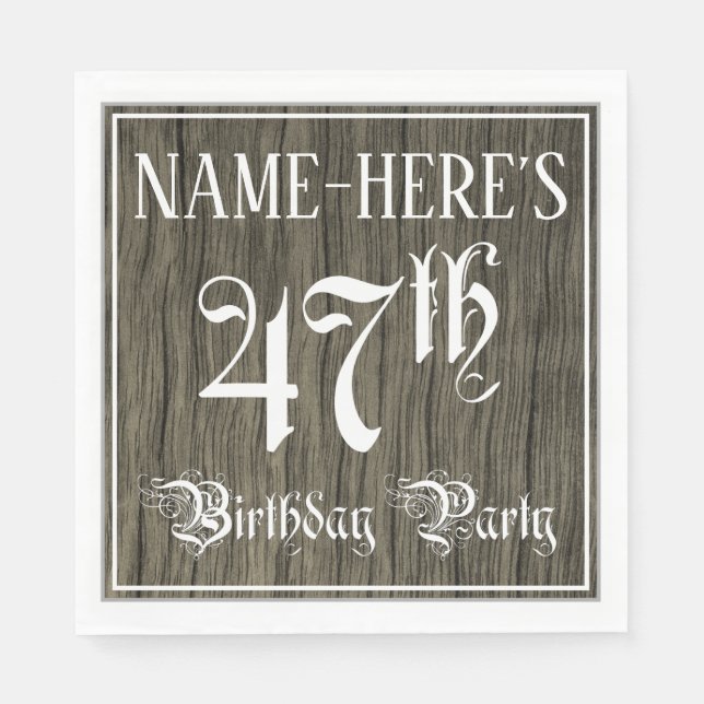 47th Birthday Party — Fancy Script, Faux Wood Look Napkin (Front)