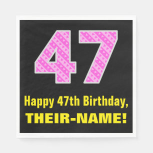 47th Birthday: Pink Stripes and Hearts "47" + Name Napkin