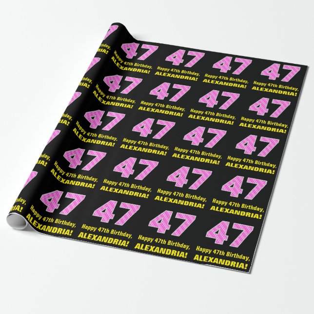 47th Birthday: Pink Stripes and Hearts "47" + Name Wrapping Paper (Unrolled)