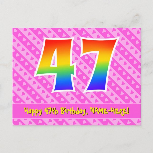 47th Birthday: Pink Stripes & Hearts, Rainbow 47 Postcard (Front)