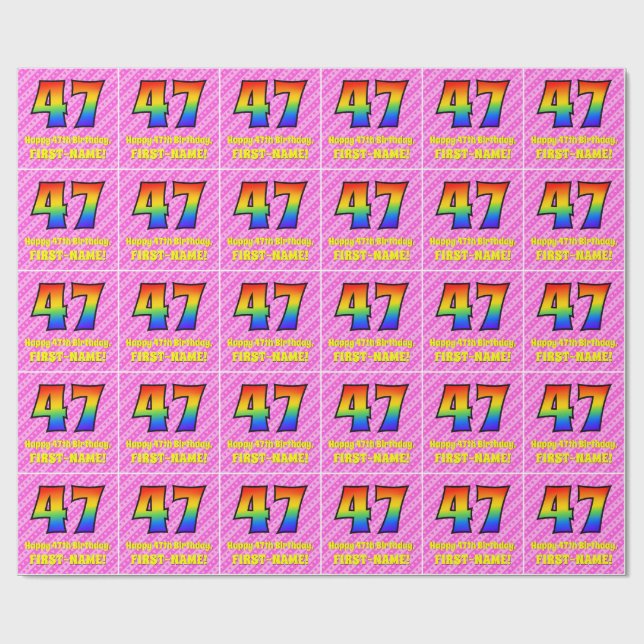 47th Birthday: Pink Stripes & Hearts, Rainbow # 47 Wrapping Paper (Flat)