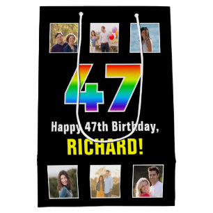 47th Birthday: Rainbow “47“, Custom Photos & Name Medium Gift Bag
